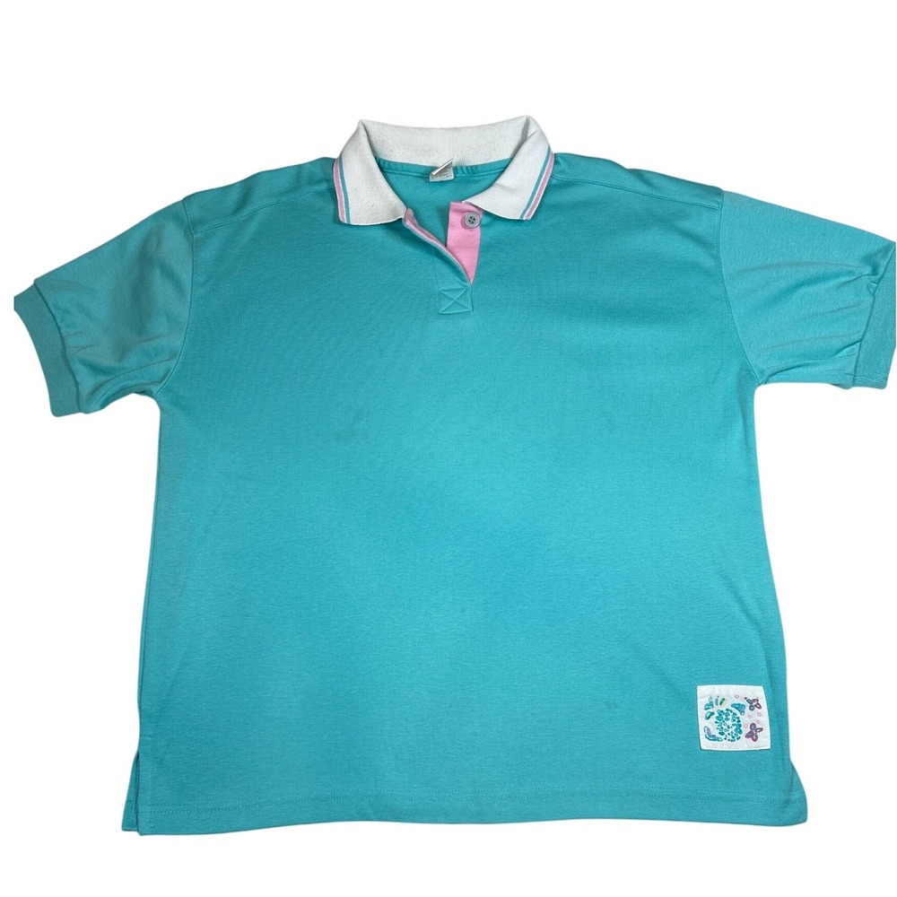 Vintage Jantzen Teal Turquoise Polo‎ Shirt Pink Accents Made in USA Large